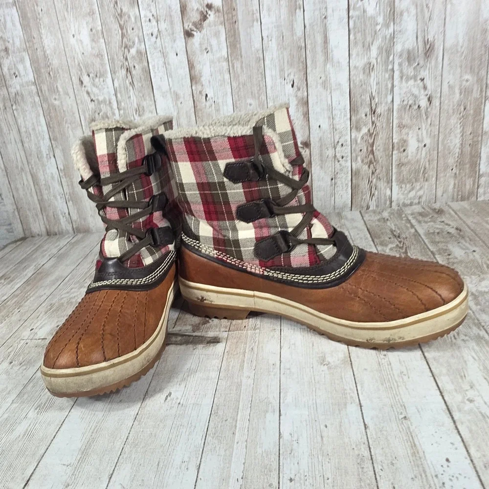 Sorel Waterproof Plaid Lined Snow Boots Women's Size 7.5‎ Tan Leather Winter